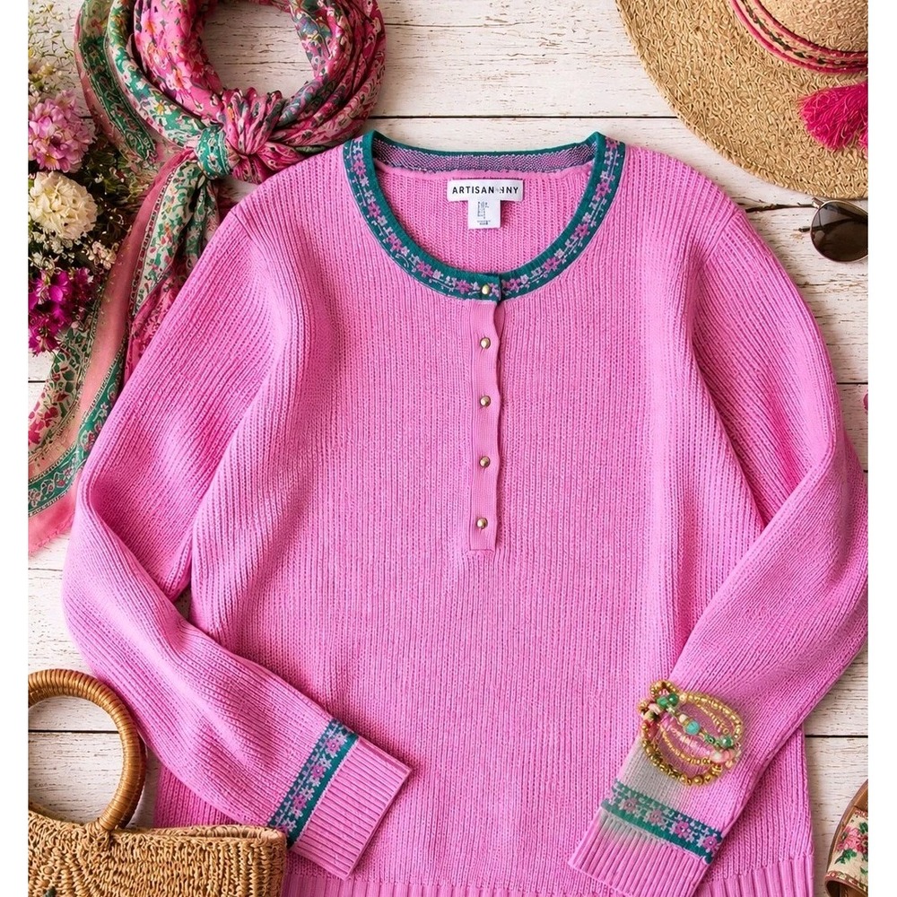 Pink Cottagecore Sweater Women's XL Floral Trim Cozy Grandpa Core Soft Girl Knit